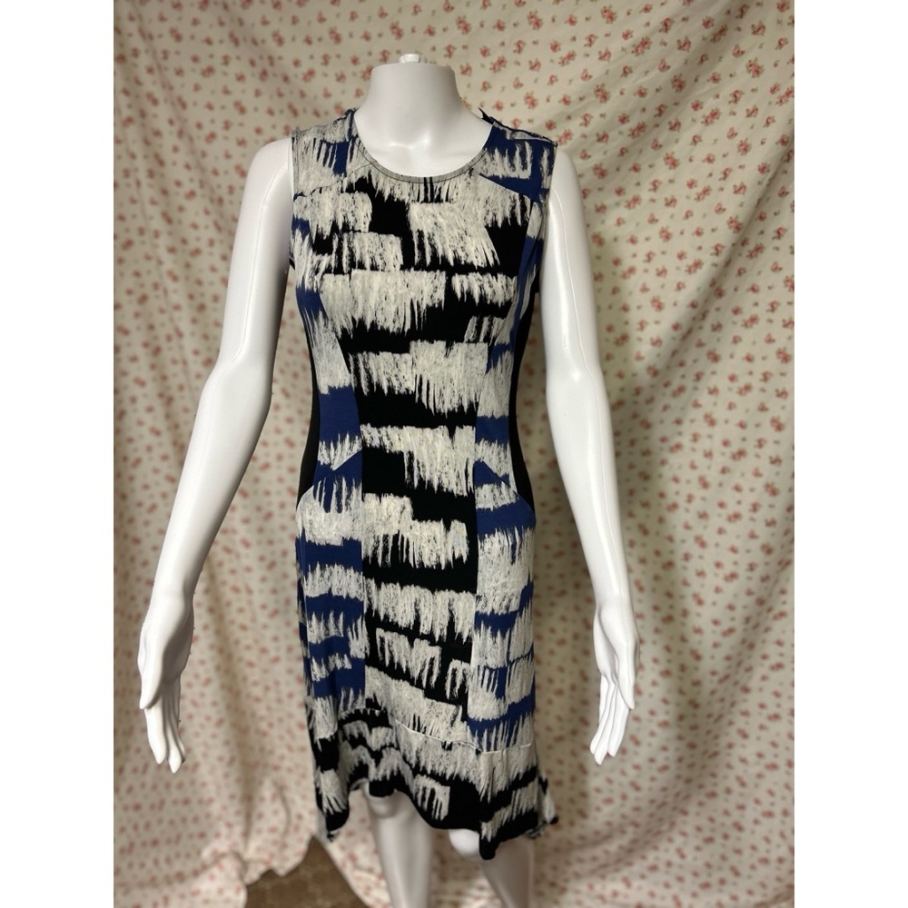 NWT BCBGMaxAzria Blue, Black, and White Abstract Print Asymmetrical Dress